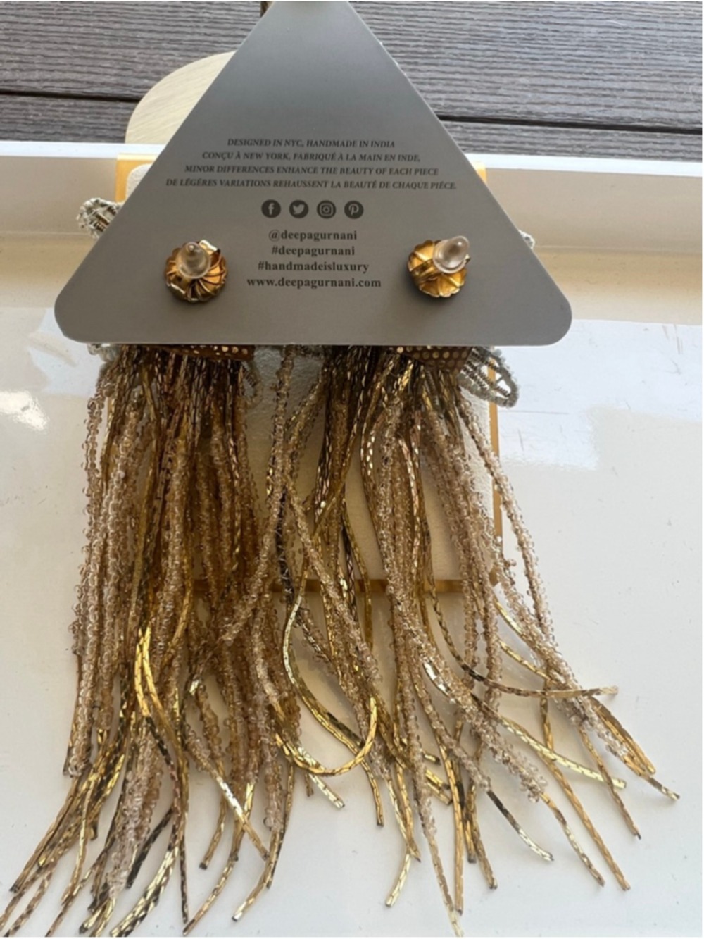NWT Deepa Gurnani Gold & White Beaded Fringe Earrings - Picture 4 of 4